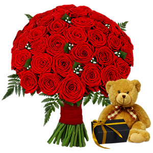 50 Red Roses with Teddy &amp; Chocolates
