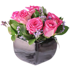 Pink Roses in Black Vase