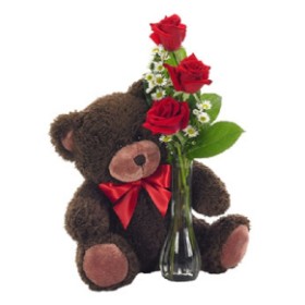 Classic Bud Vase Roses with Bear